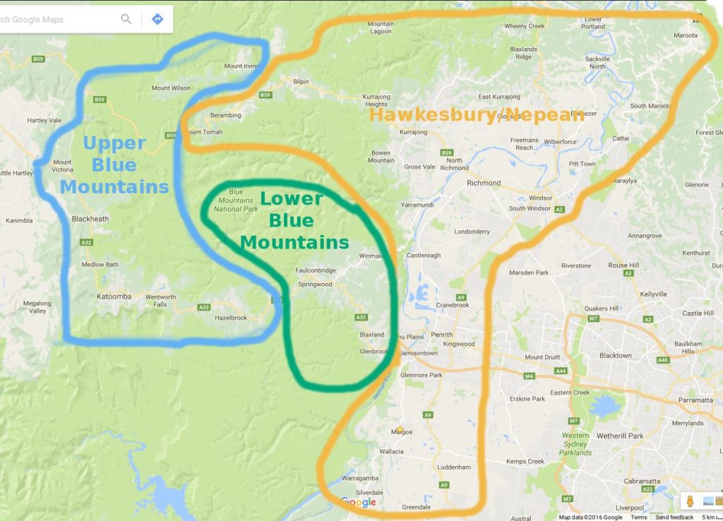 Rough map of the Blue Mountains Region